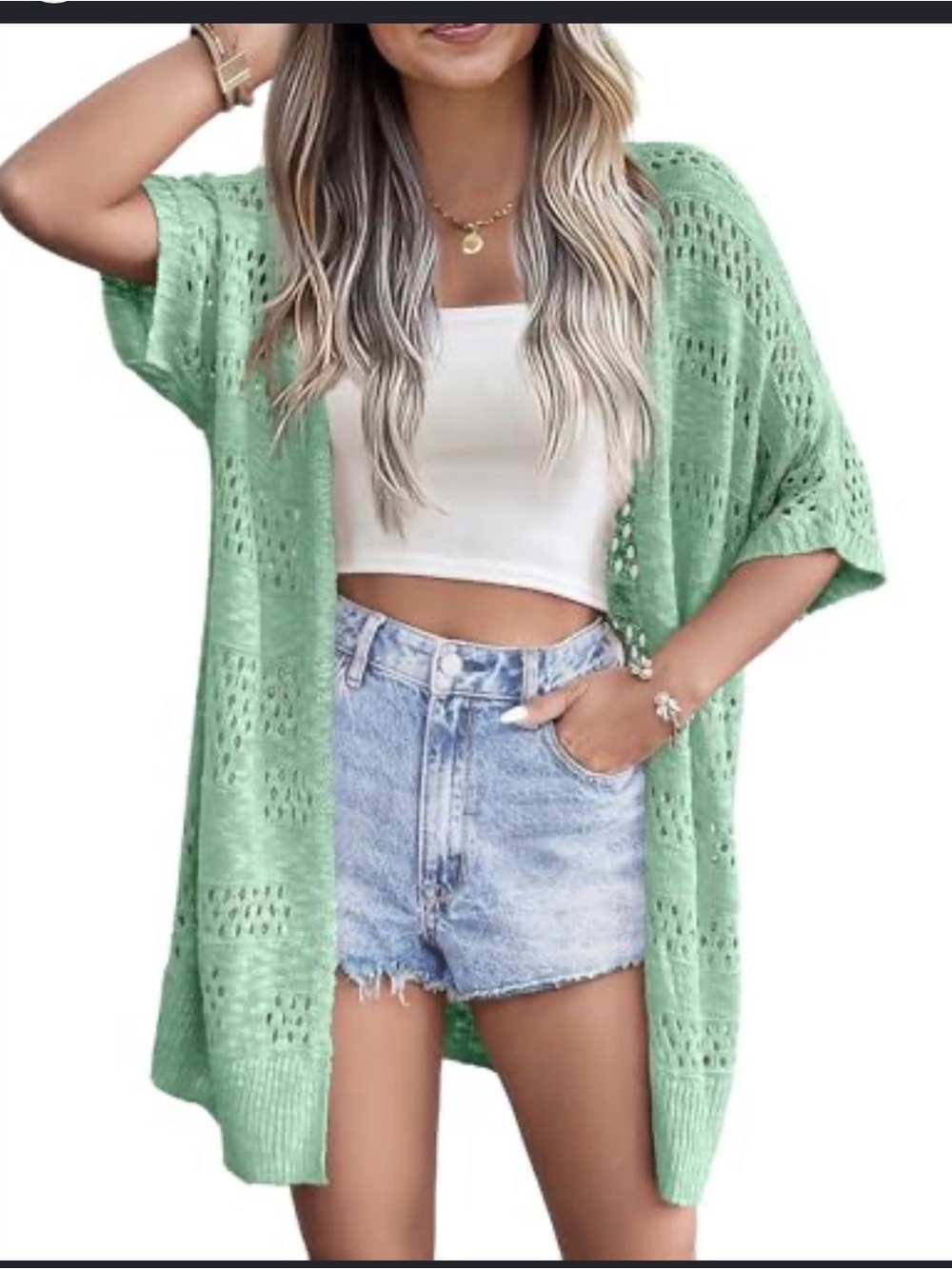 Light Green Open-Knit Women's Sweater Cardigan